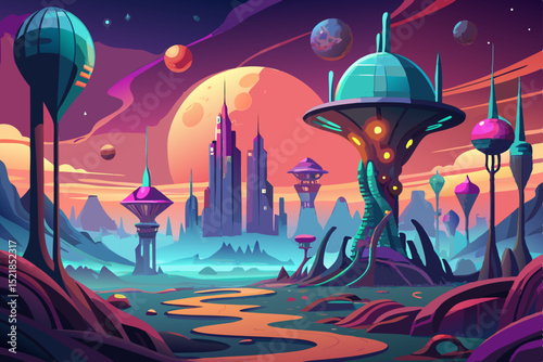 Eerie fantasy landscape vector illustration with a haunted house, dark city silhouette, and glowing moon in the night sky