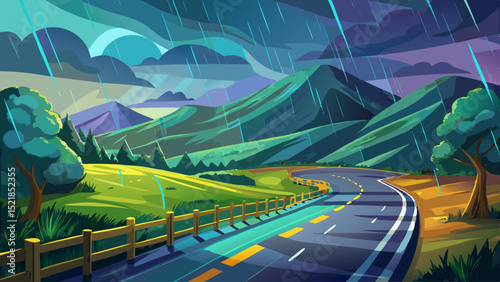 Rain glistens on a narrow rural road. A close-up of the wet barrier reflects moody skies. Caution colors the scene as clouds swirl around distant green mountains.

