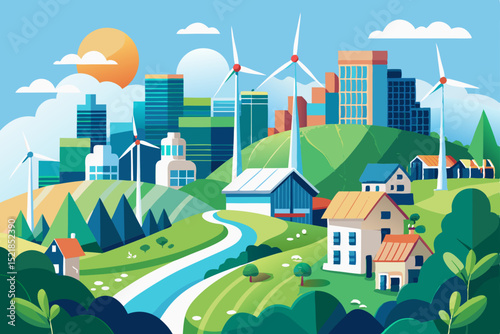 Green urban landscape with eco-friendly city buildings, homes, and trees under a summer sky, illustrated in a vibrant cartoon vector art style