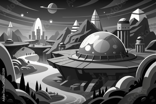 Vector illustration of a mosque in the night city with people and cars, showcasing impressive architecture and technology