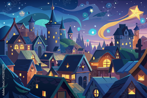 Dark winter night in the city with a haunted house, trees, and a bright moon in the star-filled sky
