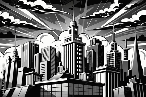 Abstract nocturnal city skyline with towering urban architecture and illuminated office buildings