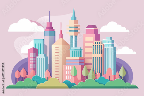 Urban vector illustration of a city skyline with buildings and trees under a cloudy sky