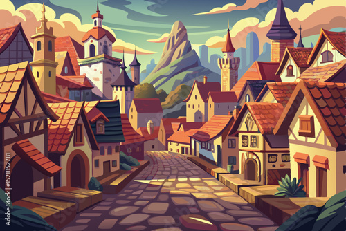 Whimsical fairy tale castle with towering architecture nestled on a hill, illuminated against the night sky, an enchanting illustration for your next fantasy project