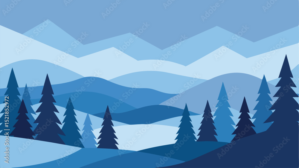 Fototapeta premium Abstract blue landscape with pine trees and mountains vector illustration