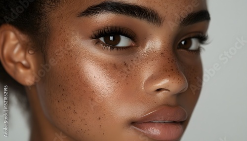 Close-up of a person's face with highlighted features.