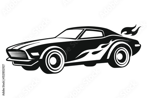 Black Muscle Car Vector with Flames and Racing Stripes Side View Silhouette