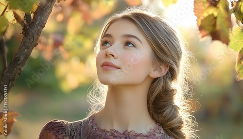 A young woman gazes upward in a serene outdoor setting.