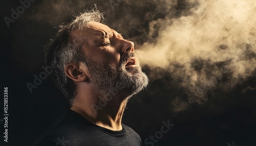 A man exhales a cloud of dust.