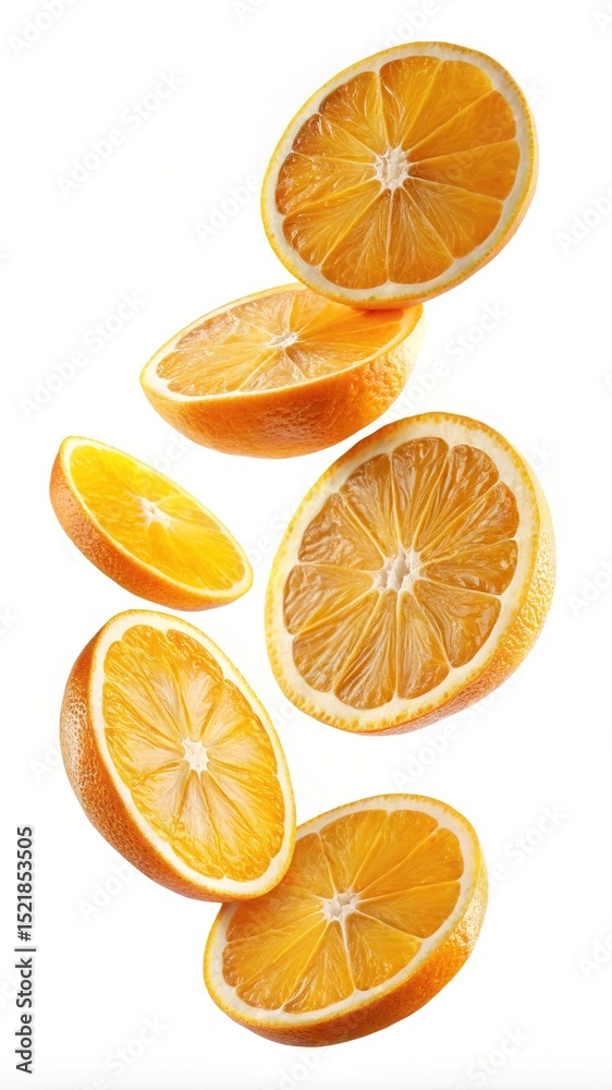 Obraz premium Arrangement of several cut oranges in the air on a white background