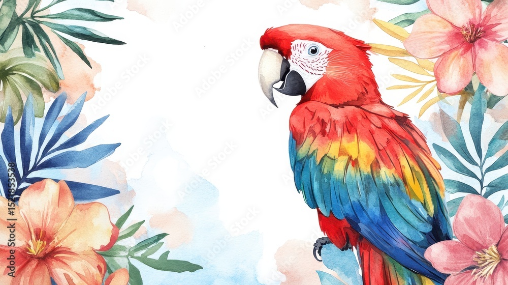 Fototapeta premium Exotic Parrot Watercolor Floral Background: Colorful Tropical Bird Illustration