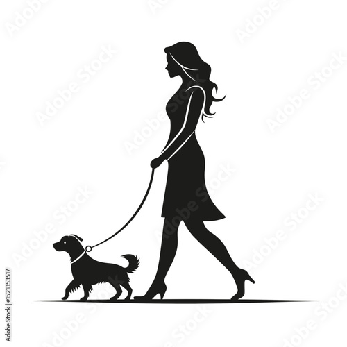 Woman walking dog on leash in silhouette against white background  