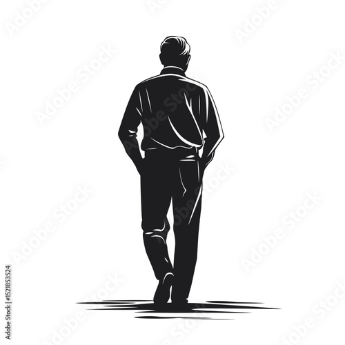 Man walking away in silhouette against a white background  