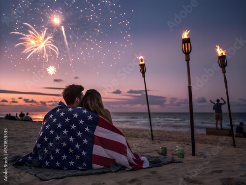 Couple wrapped in american flag watching fireworks on beach