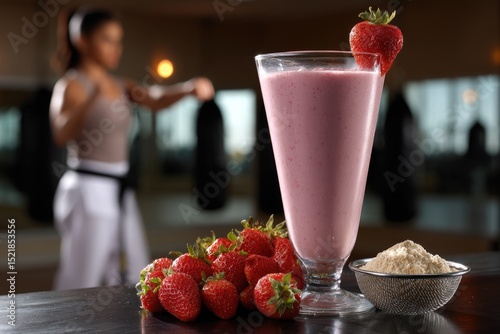 A strawberry shake made with fresh strawberries and protein powder sits in front of an athlete preparing to train. The drink is packed with vitamins and nutrients ideal for sports recovery