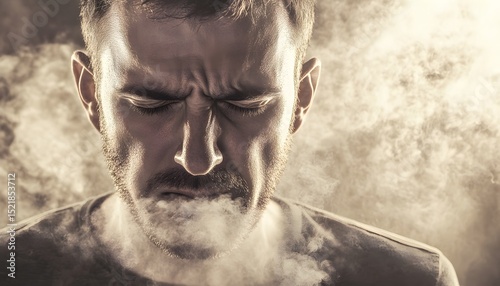 A man exhales dense vapor, expressing anger and frustration.
