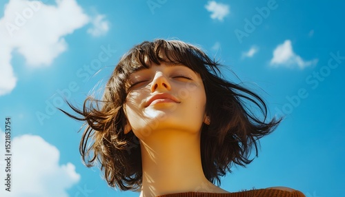Woman with closed eyes looking up at a bright blue sky with clouds.
