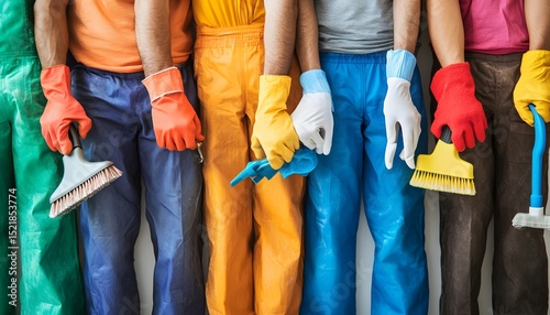 Colorful team of workers standing in a row.