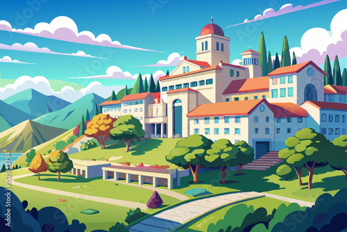 Historic medieval European castle architecture on a picturesque mountain landscape with a summer sky view
