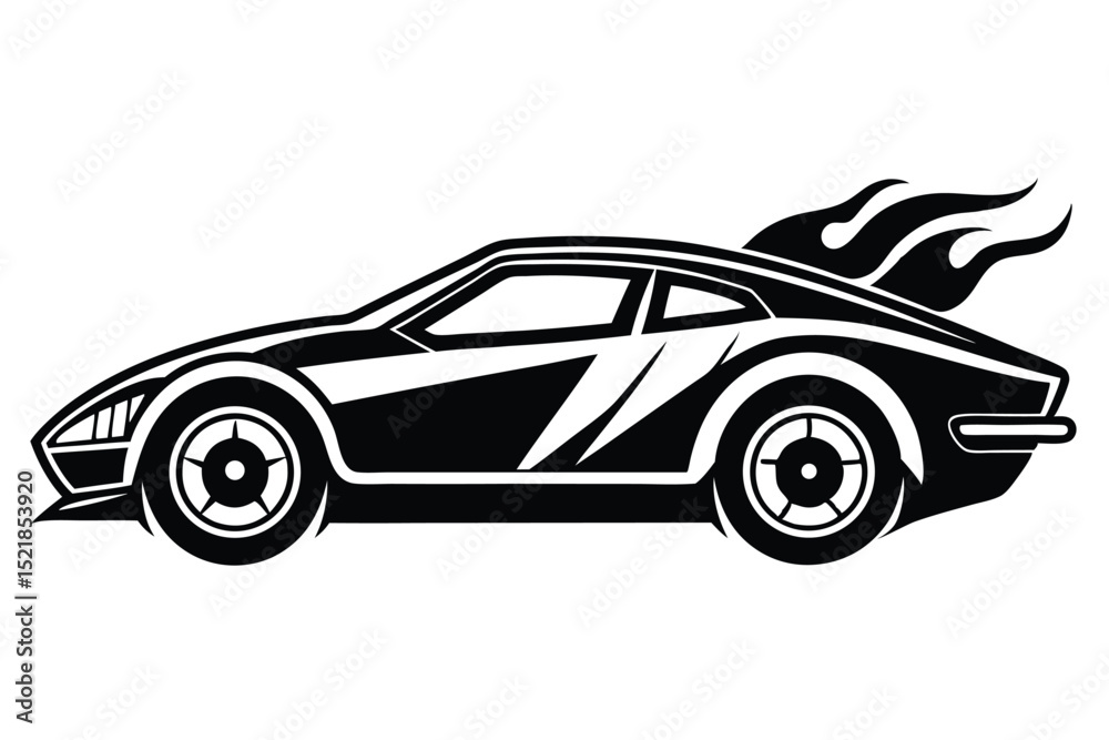 Fototapeta premium Black and White Vector Illustration Sleek Sports Car with Dynamic Flames Design Element