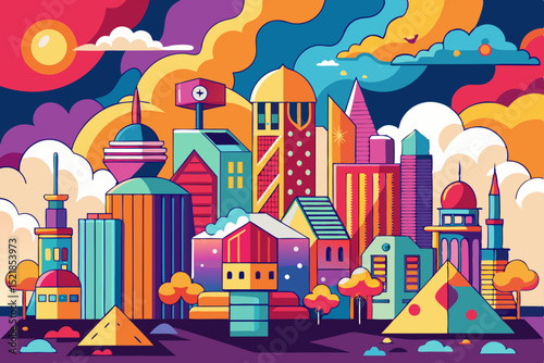 Vector illustration of a vibrant urban nightscape featuring a cartoon city, buildings, and illuminated streets