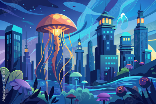 Night city skyline illustration with urban architecture and business buildings