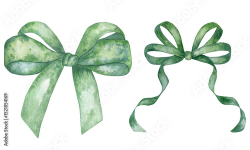 Elegant watercolor bows of green color in vintage style. Hand-drawn.