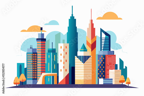 Vector cityscape at night with illuminated urban skyline and modern office buildings