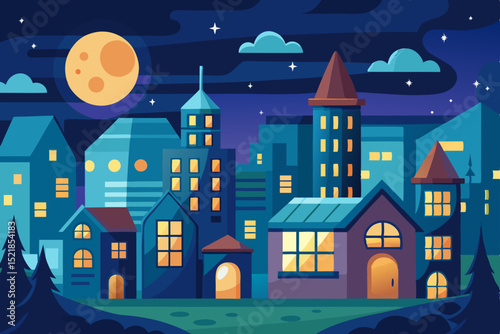 Vector illustration of a dark night city with haunted houses and bats, featuring a spooky sky and glowing moon