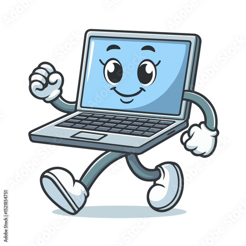 Happy laptop computer, Vintage cartoon mascot, with legs and arms, walking, vector illustration.