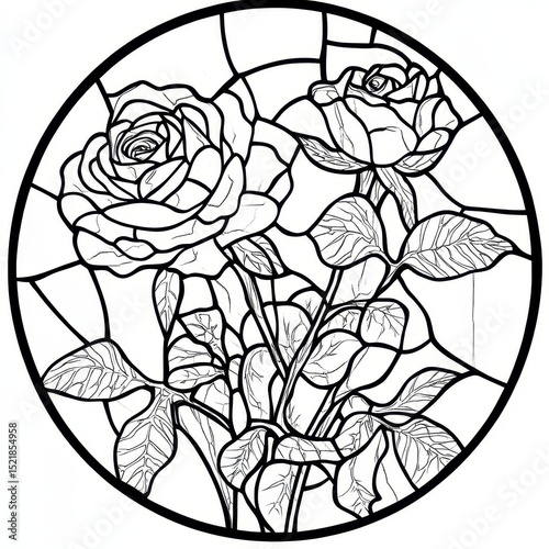 Intricate Black and White Stained Glass Rose Floral Design Illustration