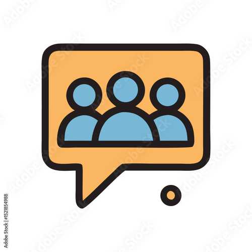 Speech bubble with three people inside, suitable for communication concepts, teamwork, brainstorming, diversity, social media, and marketing campaigns.