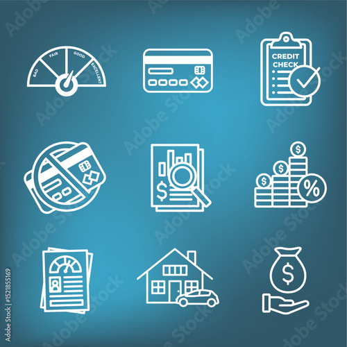 Credit Score and Loans Icon Set with Approved Credit Underwriting Interest Rates Debt Mortgage Refinance