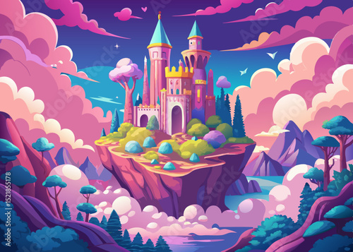 Fairytale castle on a cloud island, fantasy illustration