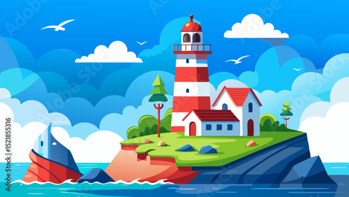 Lighthouse island seascape illustration, transparent background