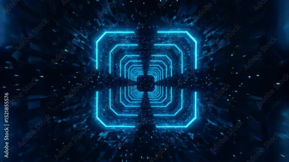 Futuristic glowing tunnel with blue neon lights and digital effects  