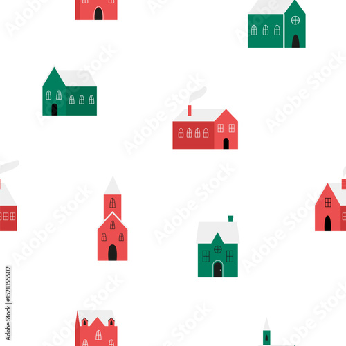 Seamless Winter Village Pattern. Cute Christmas Houses with Snow Roofs on White Background