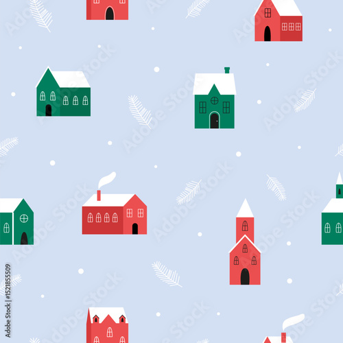 Seamless Winter Village Pattern. Cute Christmas Houses with Snow Roofs on Blue Background