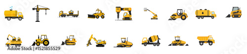 Construction machinery icon set for engineering, transport, and logistics apps