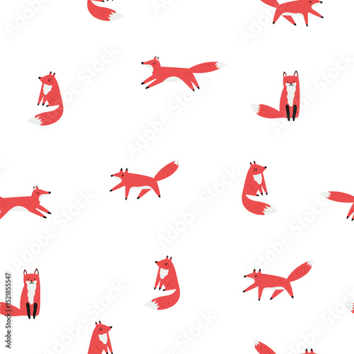 Cute Fox Seamless Pattern. Hand Drawn Forest Animal in Minimal Style on White Background