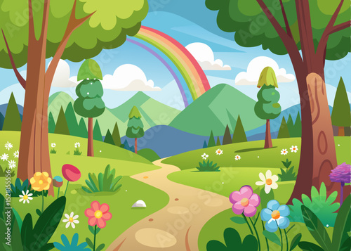 Rainbow over scenic path spring landscape illustration