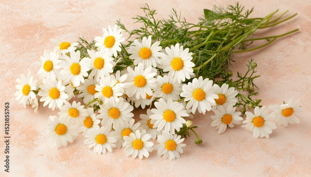 Obraz premium Bouquet of white daisies on a blush-colored surface.