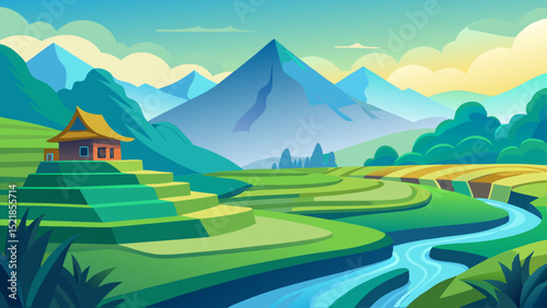 Serene rice terraces landscape with mountain view