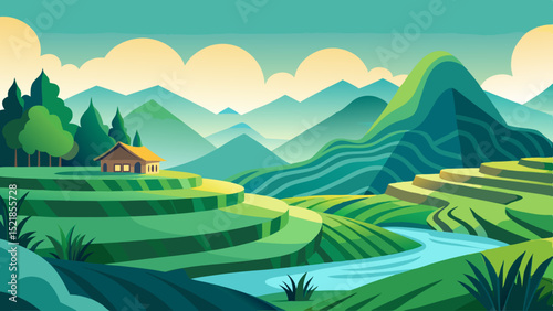 Serene rice terraces landscape, mountain village scene