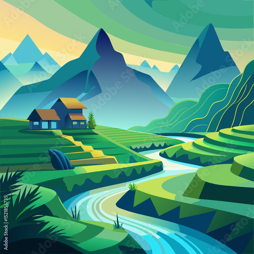 Serene rice terraces mountain village landscape