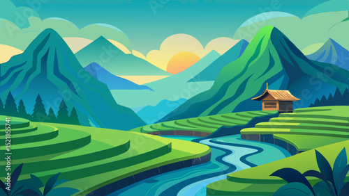 Serene rice terraces mountain landscape sunrise scene