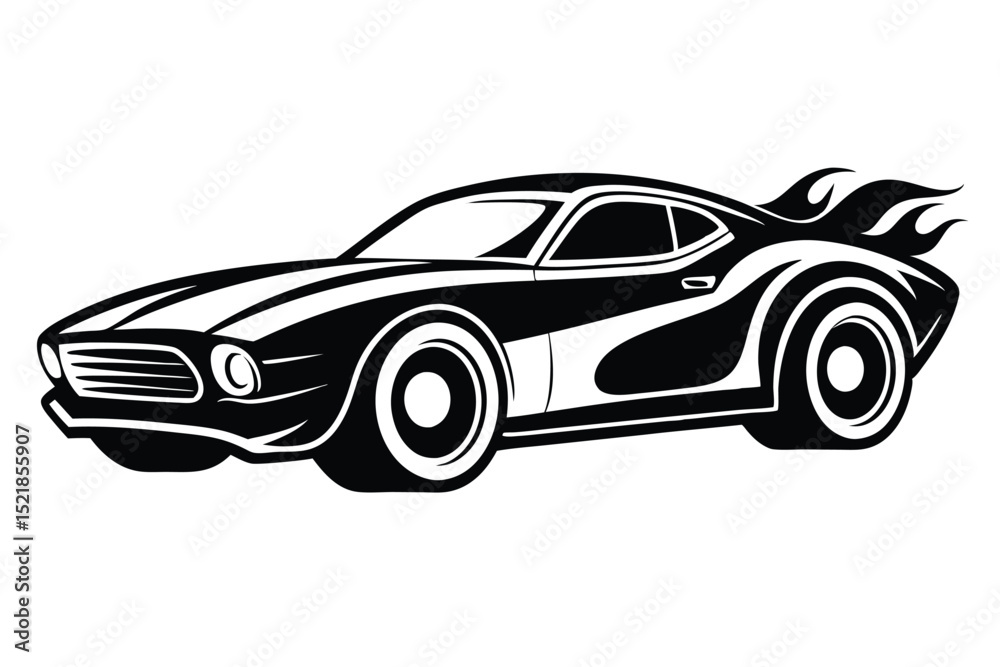 Fototapeta premium Stylized Black and White Illustration of a Muscle Car with Flame Design