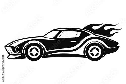 Black and White Graphic of a Racing Car with Flames in Silhouette Style