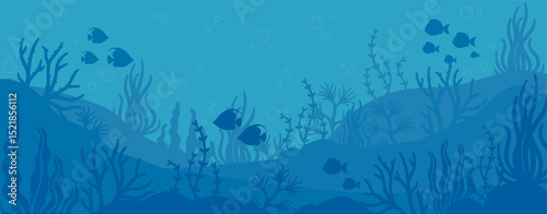 Ocean underwater background. Sea floor scene. Marine blue bottom with fish, plant, algae, reef, coral in depth water. Undersea wildlife silhouette. Vector seascape aquatic backdrop