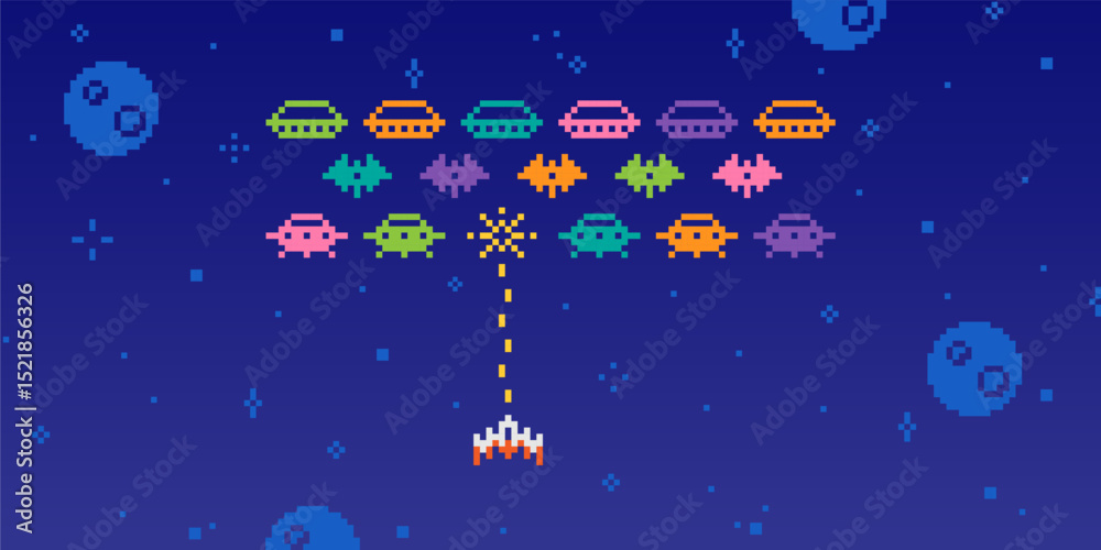 Naklejka premium Pixel Space Arcade. Retro 8-bit aliens, UFOs, and spaceships. Video game spacing battle scene with cosmic characters, monsters, robots silhouette. Vector 80s computer style elements